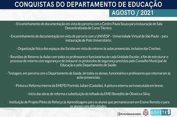 Conquistas do Departamento de Educação  - AGOSTO 2021