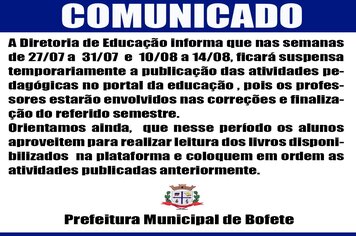 Diretoria de Educação comunica suspensão temporária de publicação de atividades