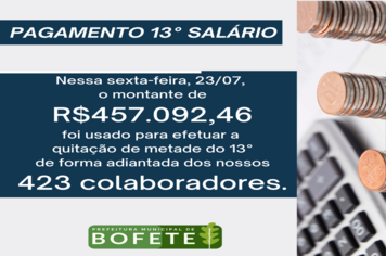 Prefeito antecipa 13° salário de todos os 423 colaboradores municipais.