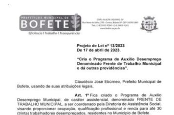 Projeto de Lei 13/2023 ‘’Frente de Trabalho’’