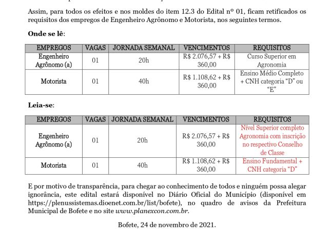 RETIFICAÇÃO DO EDITAL DO CONCURSO PÚBLICO 01/2021