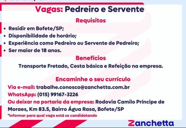 Oportunidade de Emprego - Zanchetta