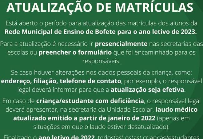 Período de Atualização de matrícula para o ano de 2023 aberto para as escolas e creches municipais