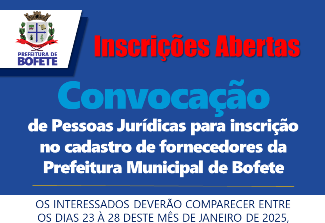 Convocação de Pessoas Jurídicas para inscrição no cadastro de fornecedores da Prefeitura de Bofete
