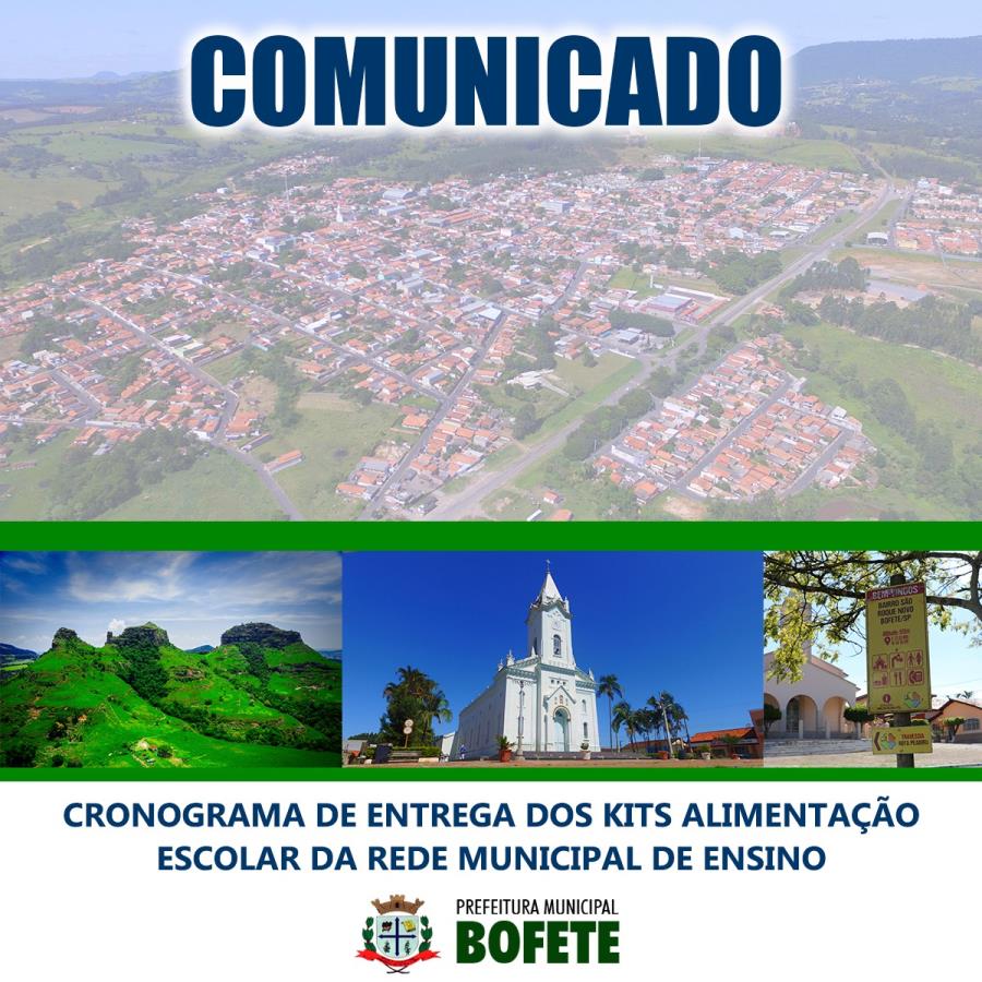 A Diretoria de Educação de Bofete informa o cronograma de entrega dos kits alimentação para os alunos da rede municipal de ensino neste mês de novembro.