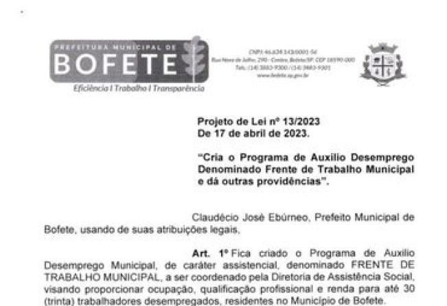 Projeto de Lei 13/2023 ‘’Frente de Trabalho’’