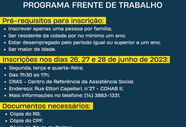 Inscrições abertas: Programa Frente de Trabalho Municipal.